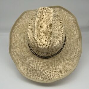 Steve Madden Woven Paper Yarn Sun‎ Hat with gold accents & black lace overlay